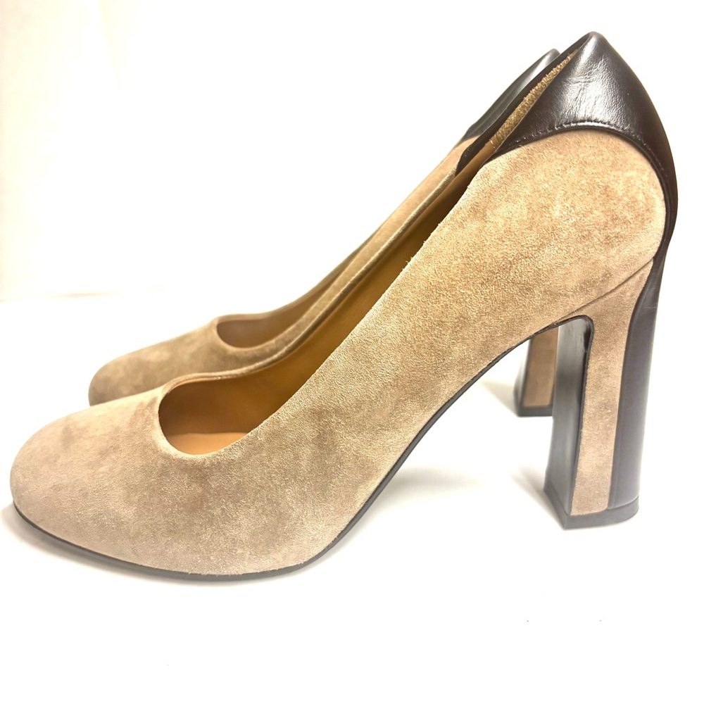Vintage Hermes Paris Pumps Suede Taupe Heels with Black Leather Contrast - Picture 4 of 10